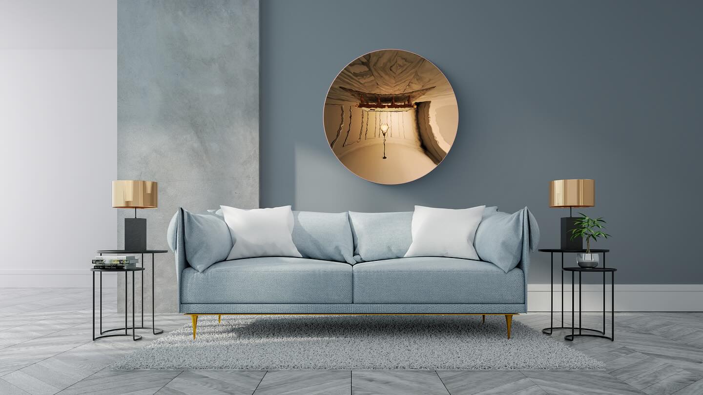 A captivating view of a convex mirror that highlights its craftsmanship and reflective properties in a modern setting.