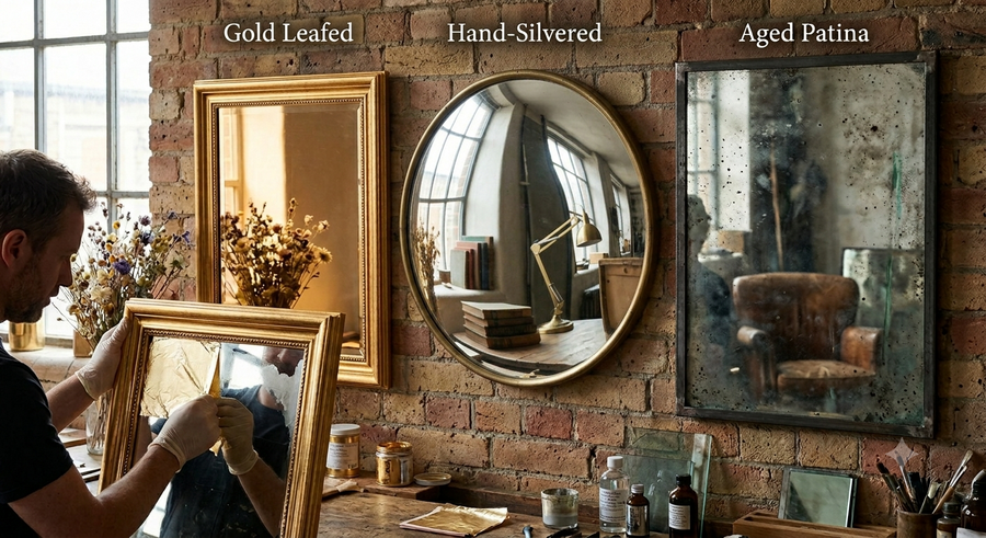 Handcrafted mirror finish featuring antique silver and bespoke detailing