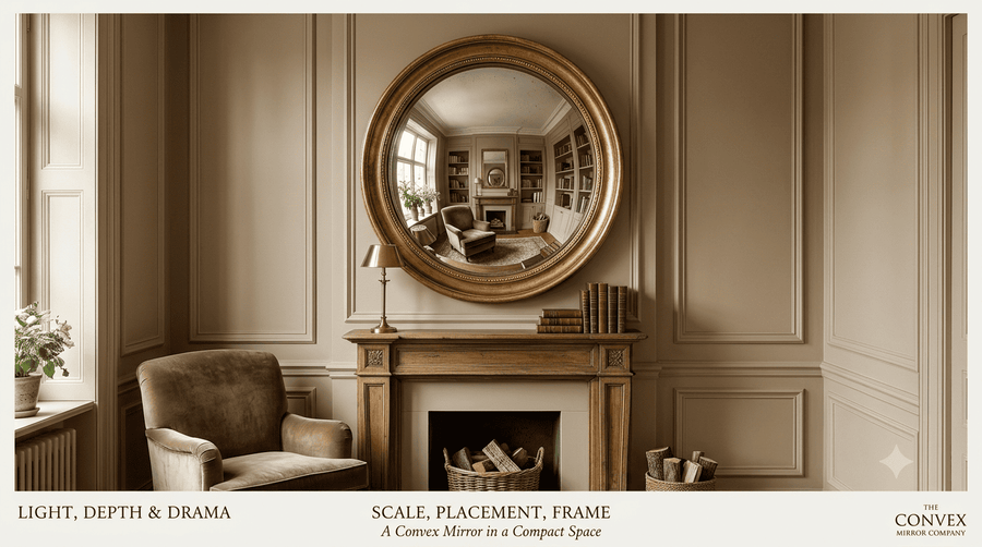 Decorative convex mirror making a small room feel brighter and more spacious