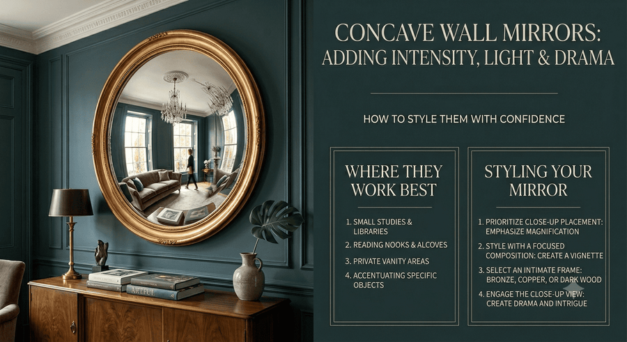 Concave wall mirror creating artistic reflections in a luxury interior design scheme
