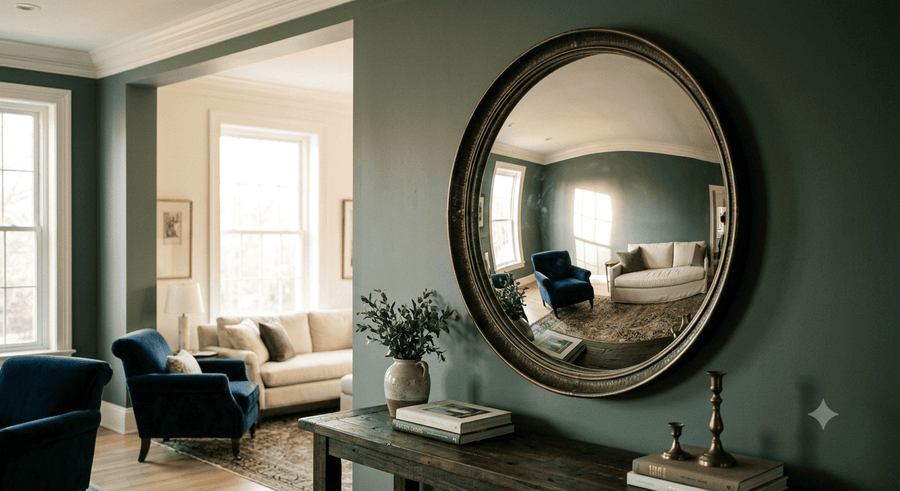 Elegant convex wall mirror transforming a living room with reflected light