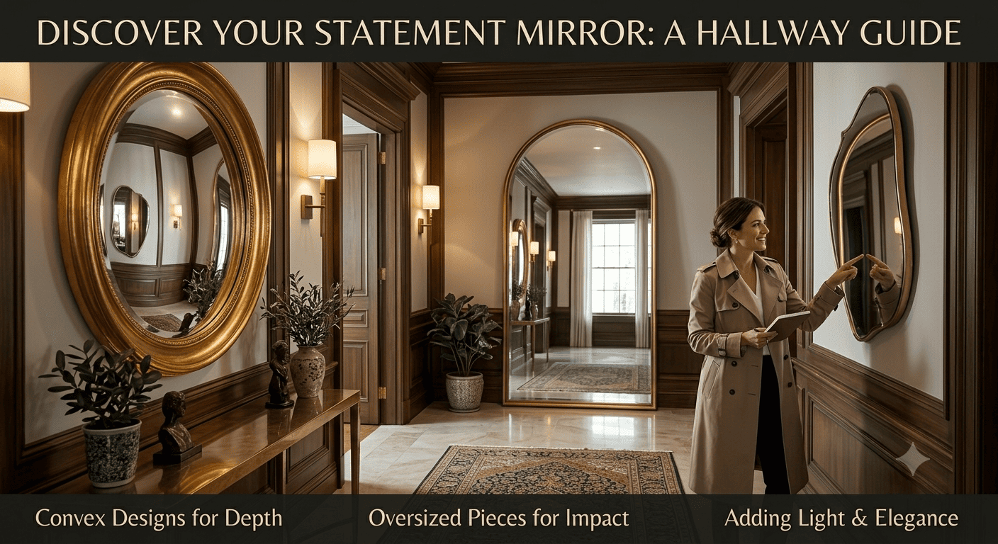 Large hallway statement mirror adding depth and visual impact to the entrance