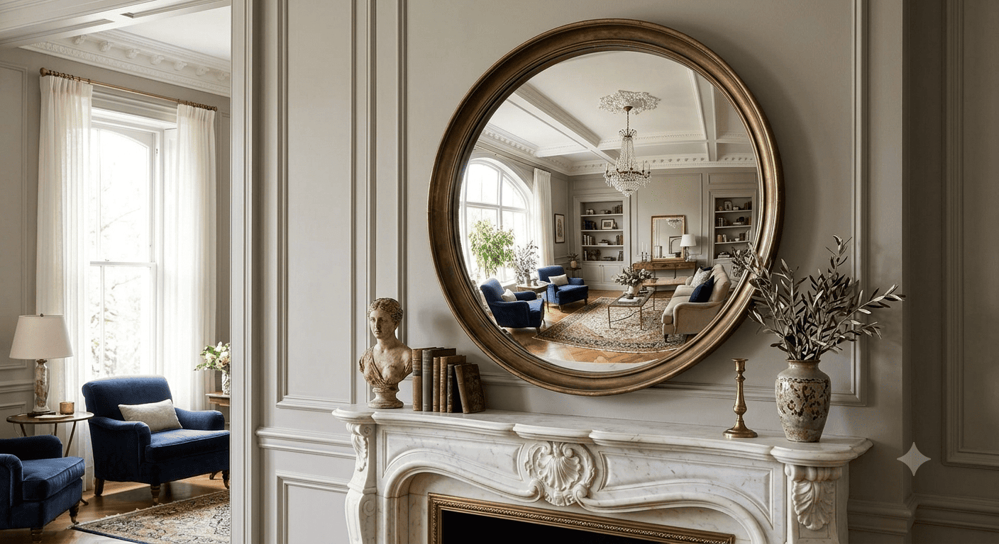 Handcrafted convex wall mirror selected for style, scale and room design