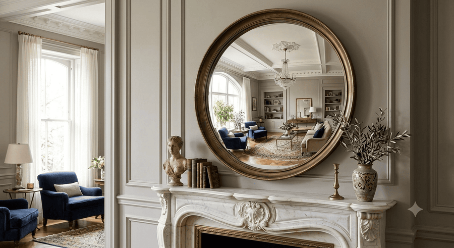 Handcrafted convex wall mirror selected for style, scale and room design