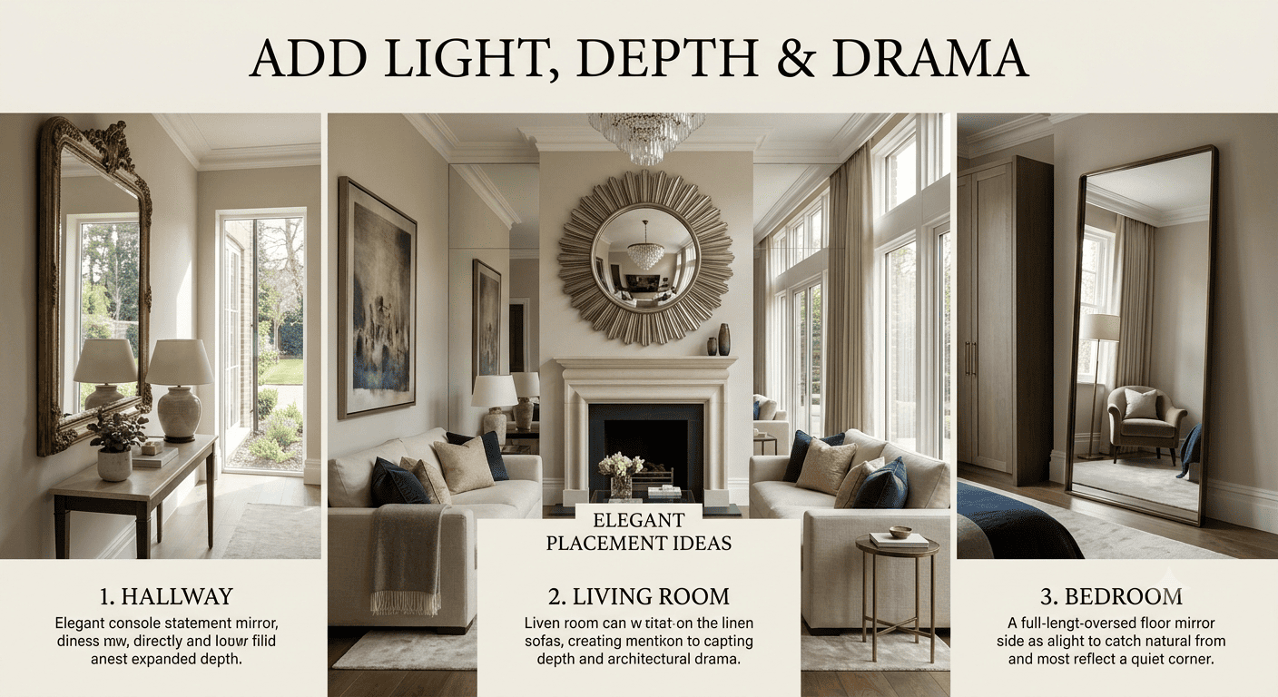 Oversized statement mirror creating a focal point in a contemporary home