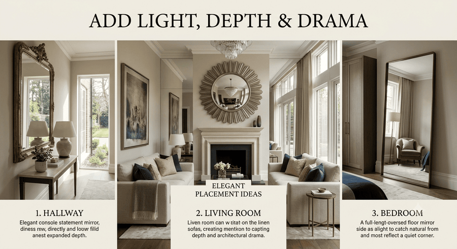 Oversized statement mirror creating a focal point in a contemporary home