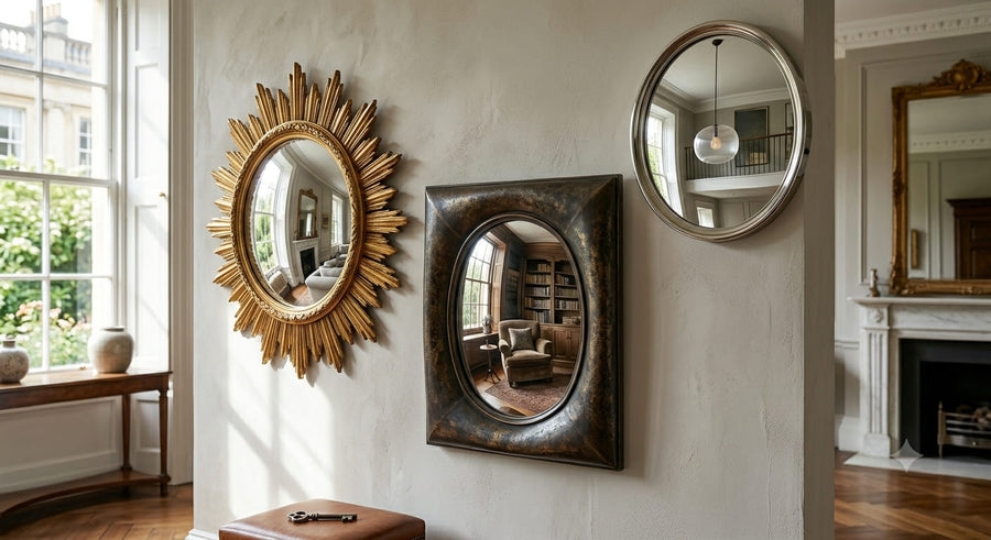 Luxury convex mirror reflecting natural light in a sophisticated interior