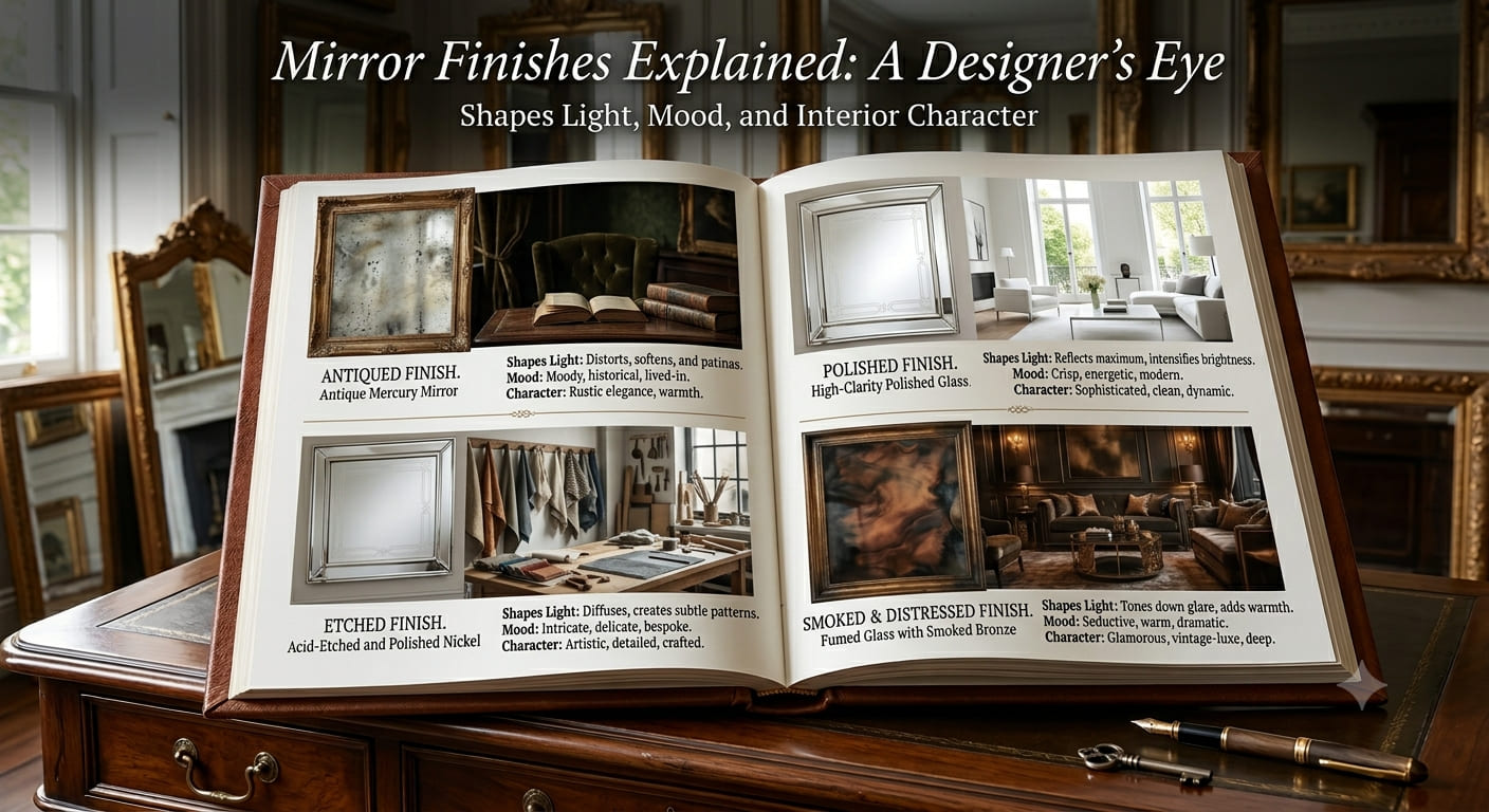 Decorative mirror finishes including antique, smoked and silver leaf styles