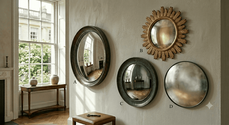 Artisan convex mirror with hand-finished frame and aged silver detailing