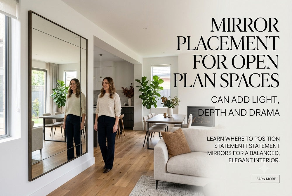 Large decorative wall mirror enhancing light flow in an open plan living space
